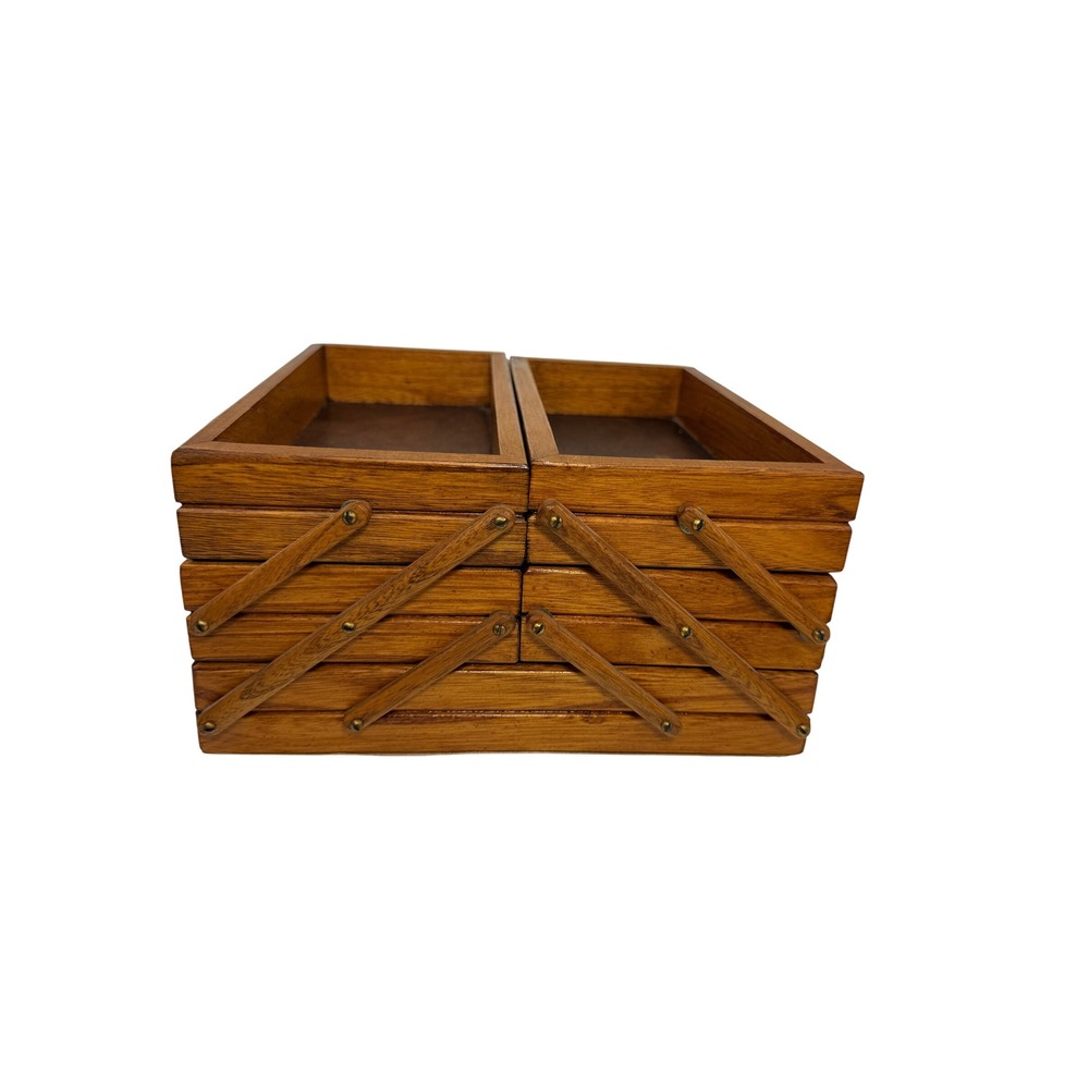 Vintage Wooden Accordion Sewing Box Cantilever Multi Tier Jewelry Organizer 9in